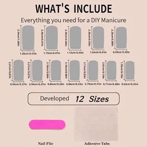 Sizing chart for French style press-on nails with bow designs and 12 nail size options