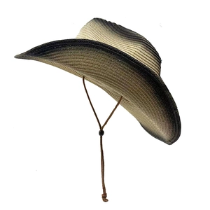 Gradient woven straw sun hat with large wavy brim and adjustable chin strap
