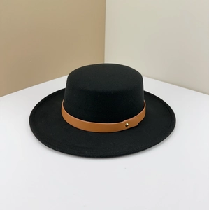 Classic black felt boater hat with a brown leather strap and gold metal stud accent