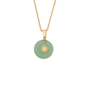 Gold stainless steel necklace with green round natural stone pendant and sunburst motif