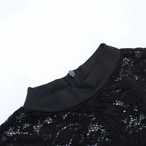 Detail of high neck black floral lace dress featuring back zipper and intricate embroidery