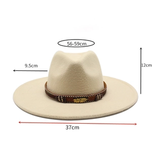 Detailed size chart for beige wide-brim cowboy hat with woven band and gold feather charm