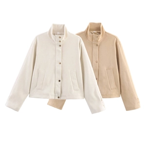 Veste en Suède à Col Montant pour Femme Courte Décontractée Streetwear Bouton Pression Beige Kaki Manteau Mode Hiver