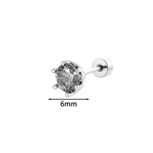 Single 6mm dark grey round zircon stud earring with six-prong silver-tone setting