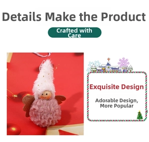 Detail of plush Christmas angel ornament with pink faux fur body and sparkly wings