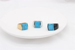 Three men's titanium steel rings with square blue turquoise stone in gold, silver and black
