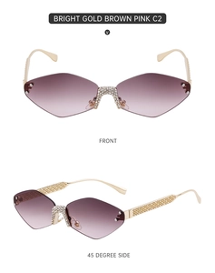 Frameless rhinestone sunglasses with brown pink gradient lenses and gold hollow metal arms