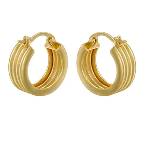 18K gold plated brass hoop earrings with triple-layered wave texture and click-top closure