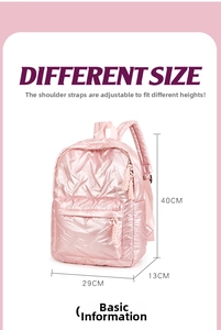 Detaillierte Maße des rosa gesteppten Rucksacks: Höhe 40cm, Breite 29cm und Tiefe 13cm