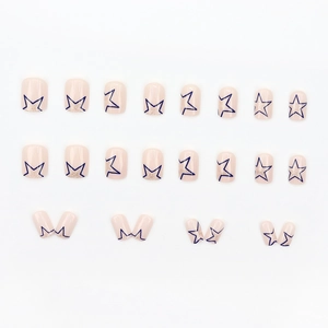 Square nude press-on nails with dark blue star outlines and golden glitter accents