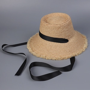 Damen Raffia Strohhut Japanischer Stil Langes Schwarzes Band Ausgefranste Kante Flaches Top Breiter Rand Sommer Strand Sonnenhut