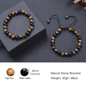 Tigerauge und Schwarzer Onyx 8mm Perlenarmband-Set für Damen und Herren auf schwarzer Box