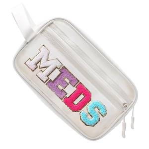 White PVC transparent makeup bag with colorful MEDS chenille patches and top handle