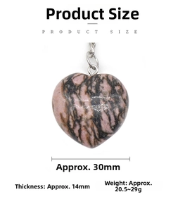 Detailed size chart for 30mm natural heart crystal stone keychain and pendant charm