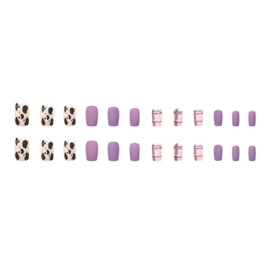 24pcs matte short square press-on nails with leopard print and purple plaid patterns