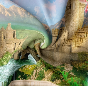 Detail der Stofftextur mit hochdichtem Druck der europäischen Schlosslandschaft