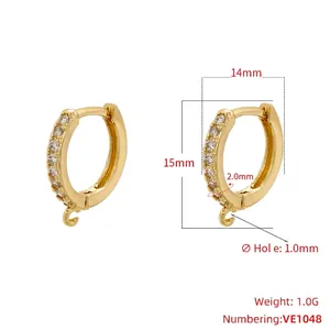 14mm gold-plated hoop earrings with single-row zircons and a small hanging loop