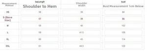 Detailed size chart for sleeveless denim vest showing bust and length measurements