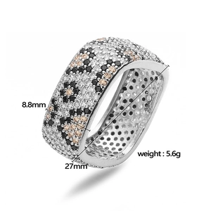 Luxurious wide square leopard print ring with zircon stones, width 8.8mm, weight 5.6g