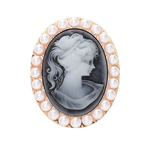 Golden oval cameo brooch with white faux pearls and a classic relief female portrait