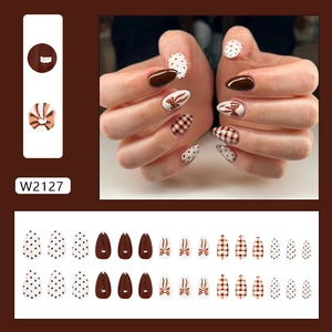 Brown plaid and polka dot press on nails with bow designs in almond shape 24pcs