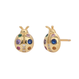 Detailed view of 925 silver ladybug earrings with vibrant multicolor zircon crystals