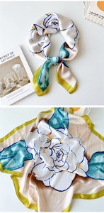 Detailed artistic print silk scarf with floral patterns and luxury satin luster