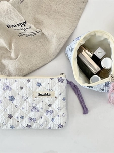 Quilted floral cotton cosmetic bag with purple teddy bear prints and star patterns