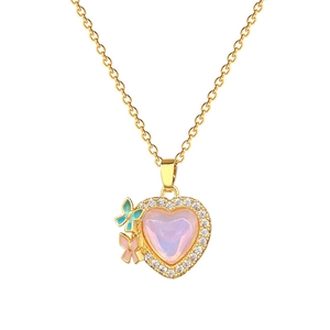 Luxurious titanium steel necklace with colorful heart gem, butterflies and sparkling crystals