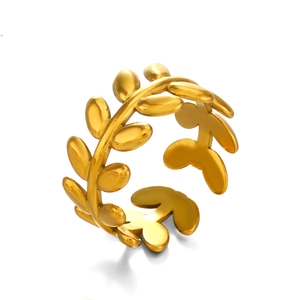 Minimalist gold leaf open ring in stainless steel with a matte finish for women