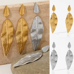 Stainless Steel Leaf Drop Earrings Double Layer Textured Design Vintage Ins Style Exaggerated Statement Jewelry For Women