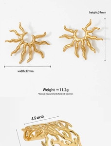 Detailed view of gold sun-inspired earring and ring set with precise measurements