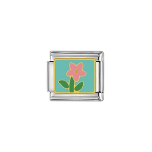 Modularer Edelstahl-Charm mit pinker Blume und blauem Hintergrund für italienische Armbänder