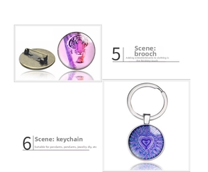 Detailed view of luminous tiger and mandala glass cabochon brooch and keychain charms