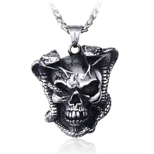 Skull And Double Snake Pendant 316L Stainless Steel Oxidized Finish Gothic Punk Rock Biker Jewelry For Men