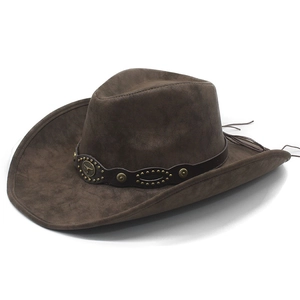 Coffee brown western cowboy hat with wide brim, brass rivets and ox head metal emblem
