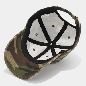 Internal view of a vintage camouflage baseball cap with six-panel structure and sweatband