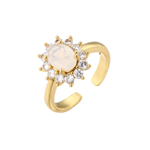 Detail of adjustable 18K gold ring with oval opal gemstone and white zircon halo