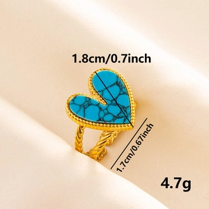 304 stainless steel heart turquoise ring with golden rope band and dimension markings