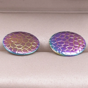 Macro shot of circular rainbow stainless steel earrings with hexagonal dragon scale pattern