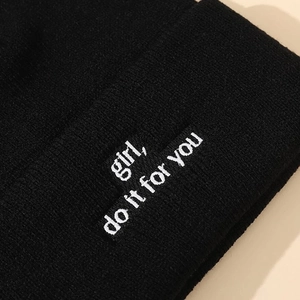 Unisex black knit beanie with 'girl, do it for you' embroidery for autumn and winter