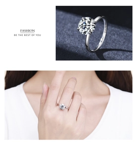 Detail of S925 sterling silver six-prong solitaire ring with round brilliant cut zircon