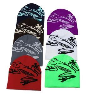 Winter knitted beanie hats for women featuring cute frog jacquard patterns in seven colors