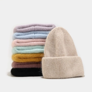 Women Beanie Hat Angora Rabbit Hair Mohair Ribbed Knit Thickened Warm Solid Color Winter Cuffed Skull Cap