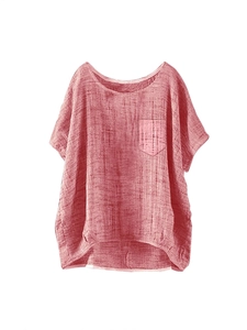 Women's casual loose linen top with short sleeves and chest pocket in dusty rose pink