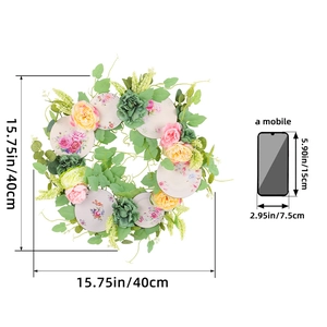Pink and yellow floral wreath 15.75 inch diameter with size reference and mobile icon