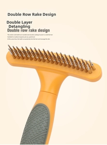 Macro shot of double-row metal pet grooming rake with protective round tips and anti-slip handle