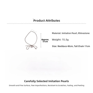Bow necklace details showing pearl pendant, 51cm length and 15.5g weight specs