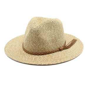 Panama straw hat with braided leather band and tassel in natural khaki finish