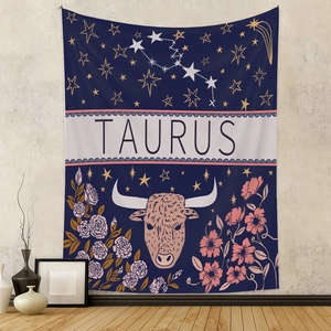Close-up of Navy Blue Taurus Zodiac Tapestry with gold stars and floral details